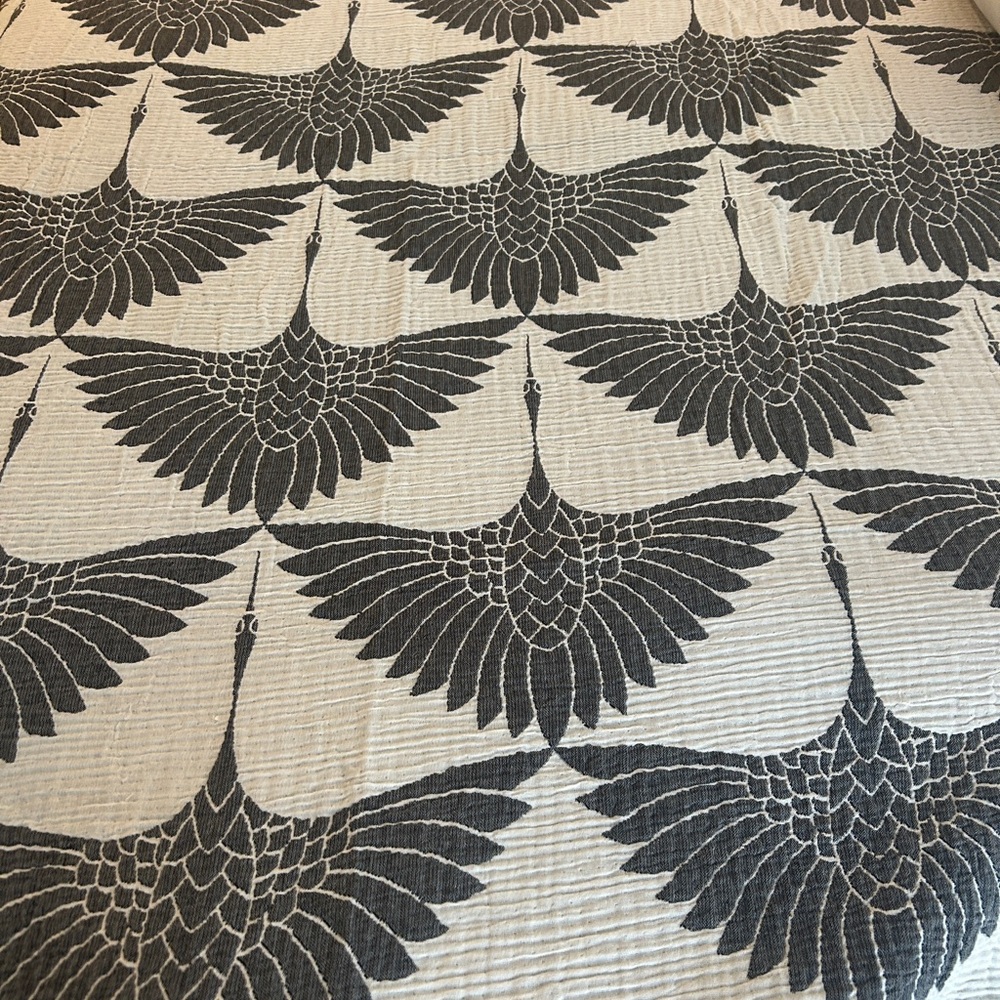 Modern Black + Gray Birds in Flight Cranes Throw Blanket Organic Cotton 2 Side - Picture 1 of 16